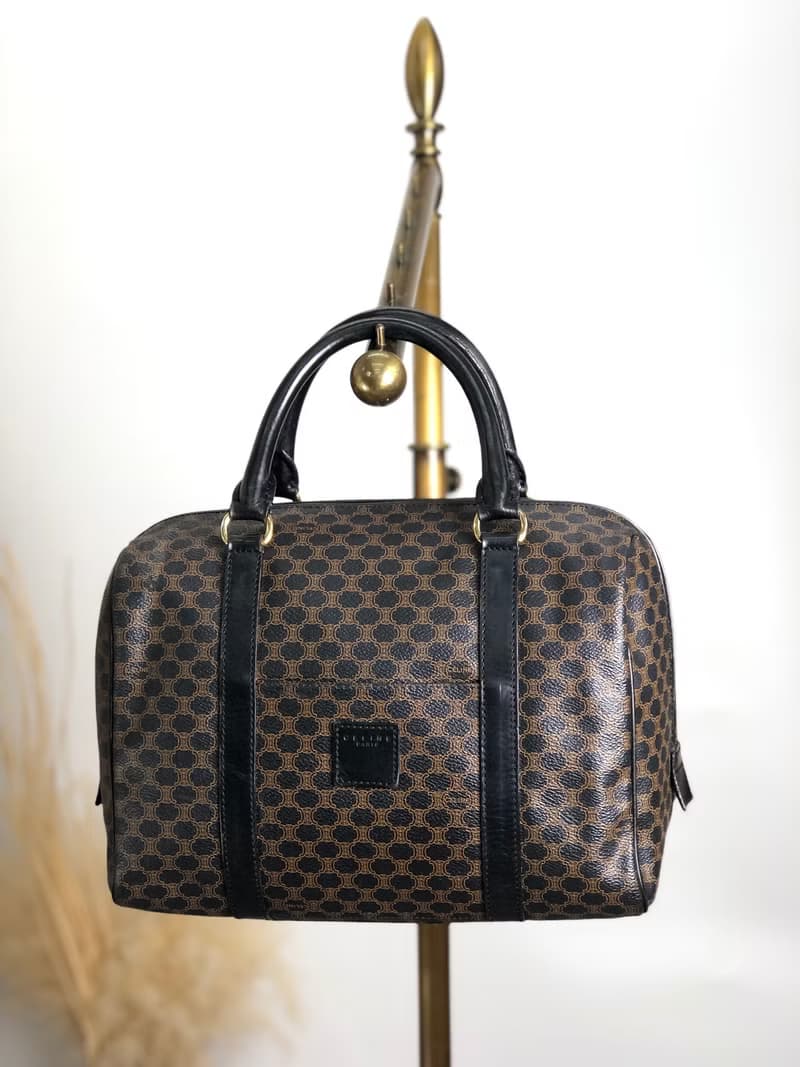 【 日本直送　名牌中古包 】CELINE セリーヌ マカダム ボストンバッグ ハンドバッグ ブラック ブラゾン型押し PVCレザー vintage jbwfvj