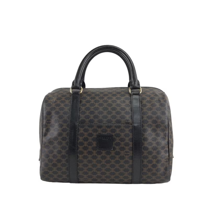 【 日本直送　名牌中古包 】CELINE セリーヌ マカダム ボストンバッグ ハンドバッグ ブラック ブラゾン型押し PVCレザー vintage jbwfvj