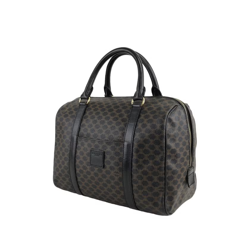 【 日本直送　名牌中古包 】CELINE セリーヌ マカダム ボストンバッグ ハンドバッグ ブラック ブラゾン型押し PVCレザー vintage jbwfvj