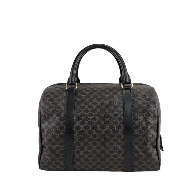 【 日本直送　名牌中古包 】CELINE セリーヌ マカダム ボストンバッグ ハンドバッグ ブラック ブラゾン型押し PVCレザー vintage jbwfvj