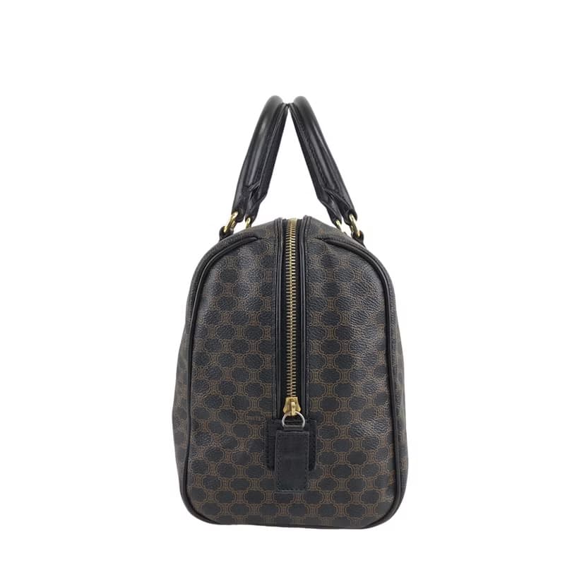 【 日本直送　名牌中古包 】CELINE セリーヌ マカダム ボストンバッグ ハンドバッグ ブラック ブラゾン型押し PVCレザー vintage jbwfvj