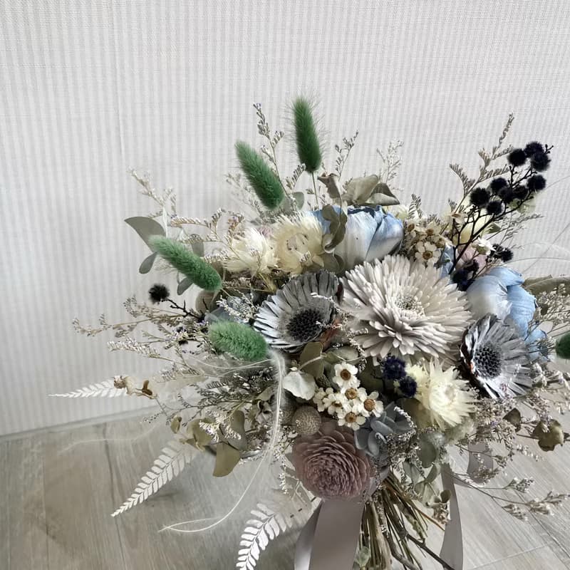 沉靜藍色霧灰乾燥花束 結婚捧花 外拍花束