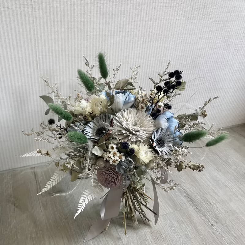 沉靜藍色霧灰乾燥花束 結婚捧花 外拍花束