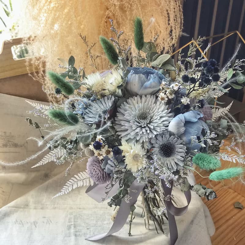 沉靜藍色霧灰乾燥花束 結婚捧花 外拍花束