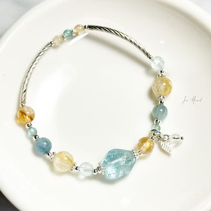曙光松蘿湖-原礦拓帕石.鈦晶.藍晶石-純銀設計款手鍊