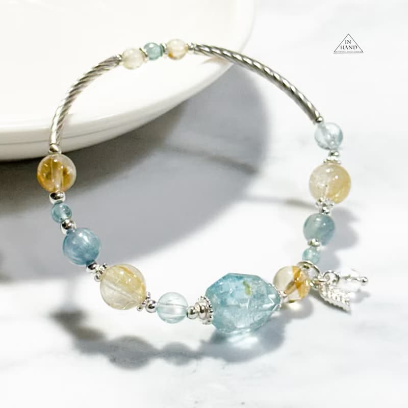 曙光松蘿湖-原礦拓帕石.鈦晶.藍晶石-純銀設計款手鍊