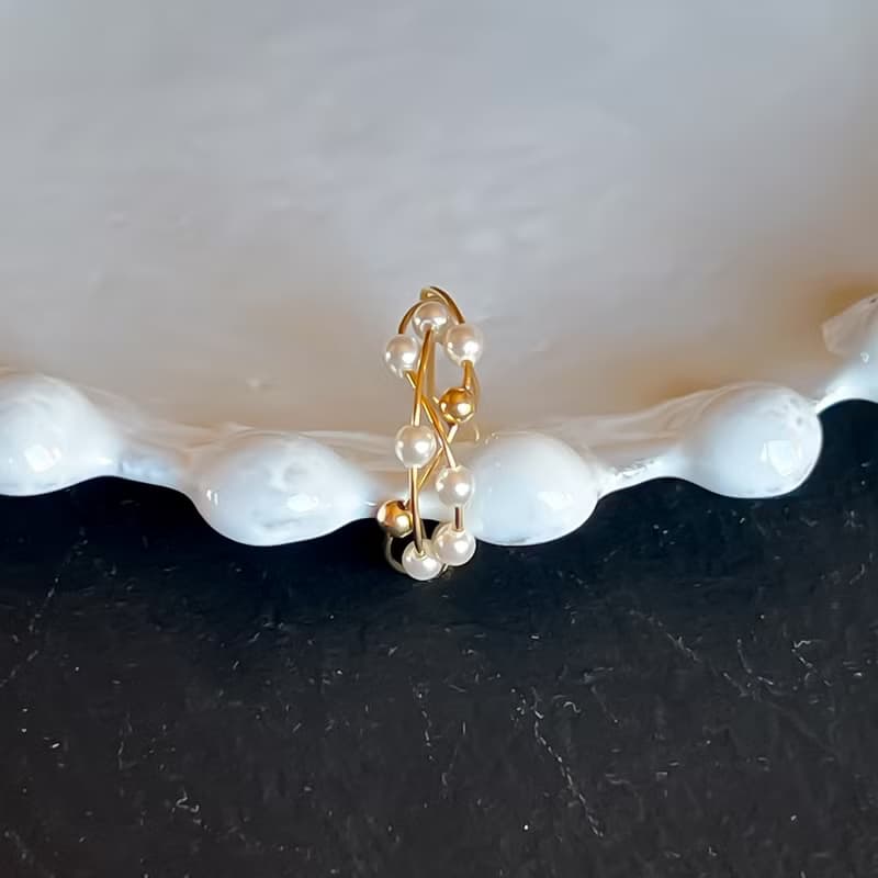 2Way Ring & Ear cuff Handmade 14kgf Swarovski Pearl ×Gold  Twist Ring 【gift box】