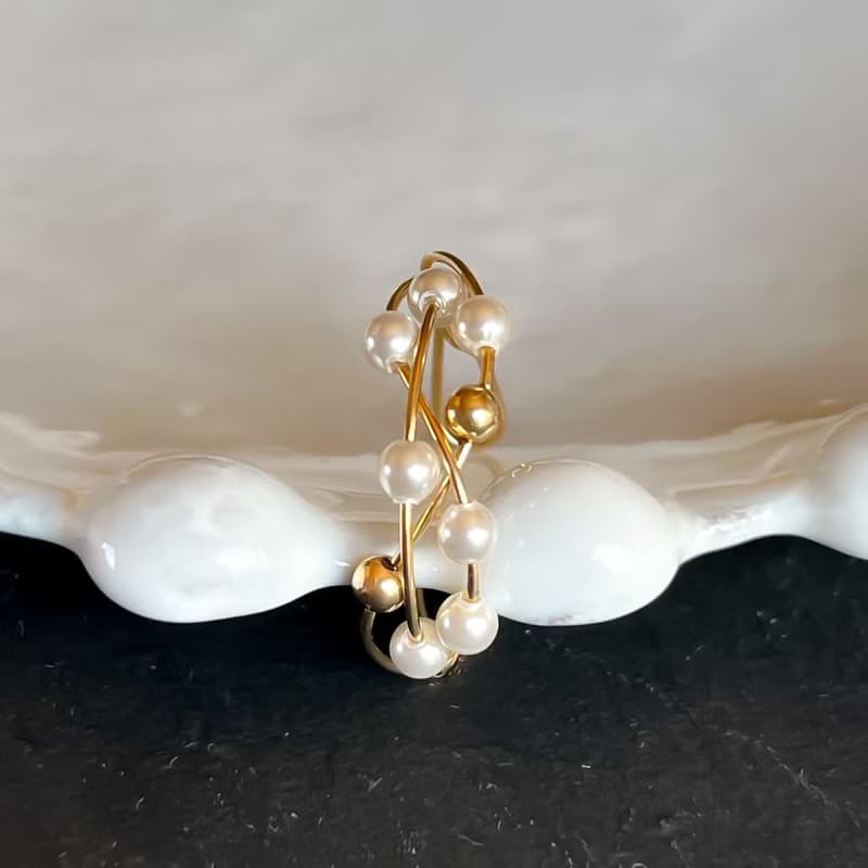 2Way Ring & Ear cuff Handmade 14kgf Swarovski Pearl ×Gold  Twist Ring 【gift box】