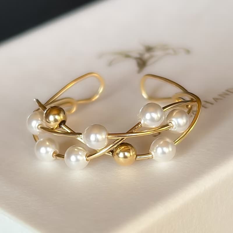 2Way Ring & Ear cuff Handmade 14kgf Swarovski Pearl ×Gold  Twist Ring 【gift box】