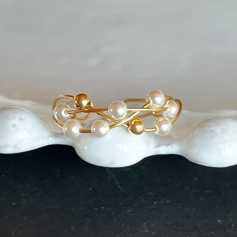 2Way Ring & Ear cuff Handmade 14kgf Swarovski Pearl ×Gold  Twist Ring 【gift box】
