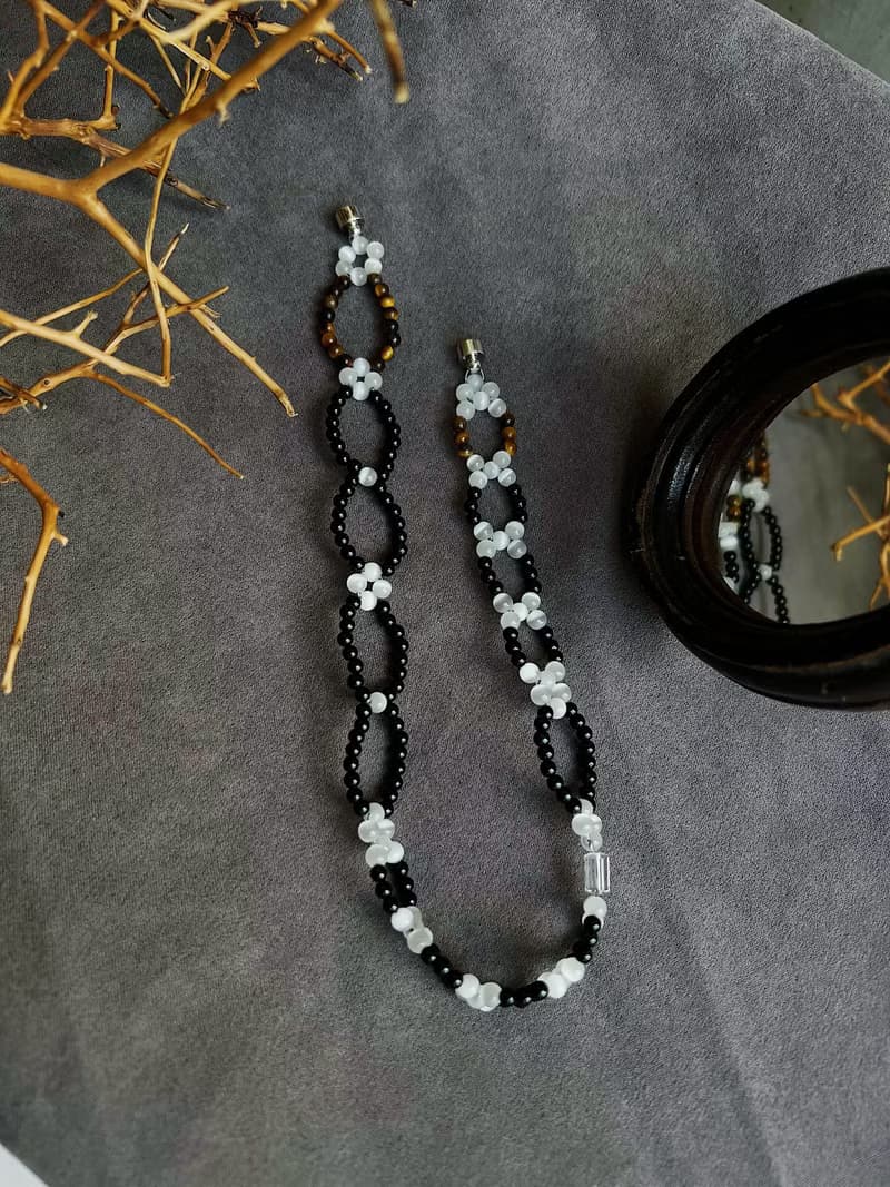 無限迴圈 白水晶x虎眼石x黑瑪瑙x貓眼石編織鎖鏈重工手作項鍊頸鏈
