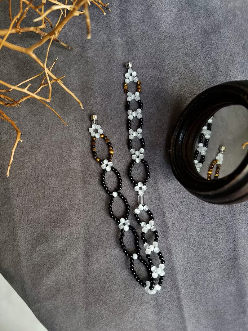 無限迴圈 白水晶x虎眼石x黑瑪瑙x貓眼石編織鎖鏈重工手作項鍊頸鏈