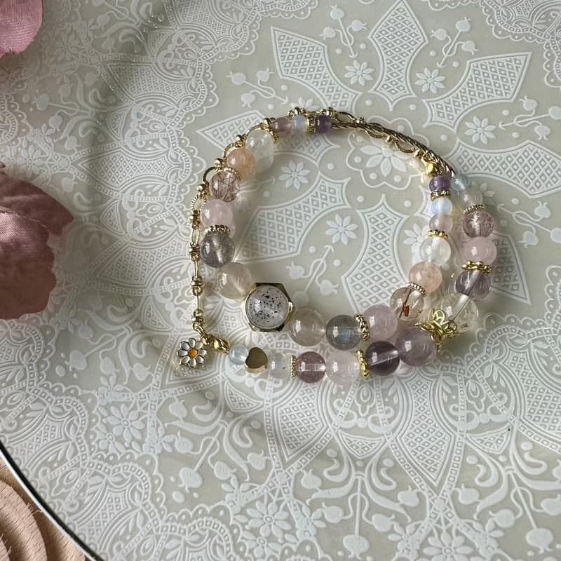 雙層桃花粉粉清新彈性手鍊