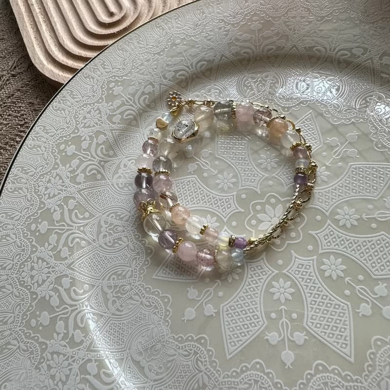 雙層桃花粉粉清新彈性手鍊