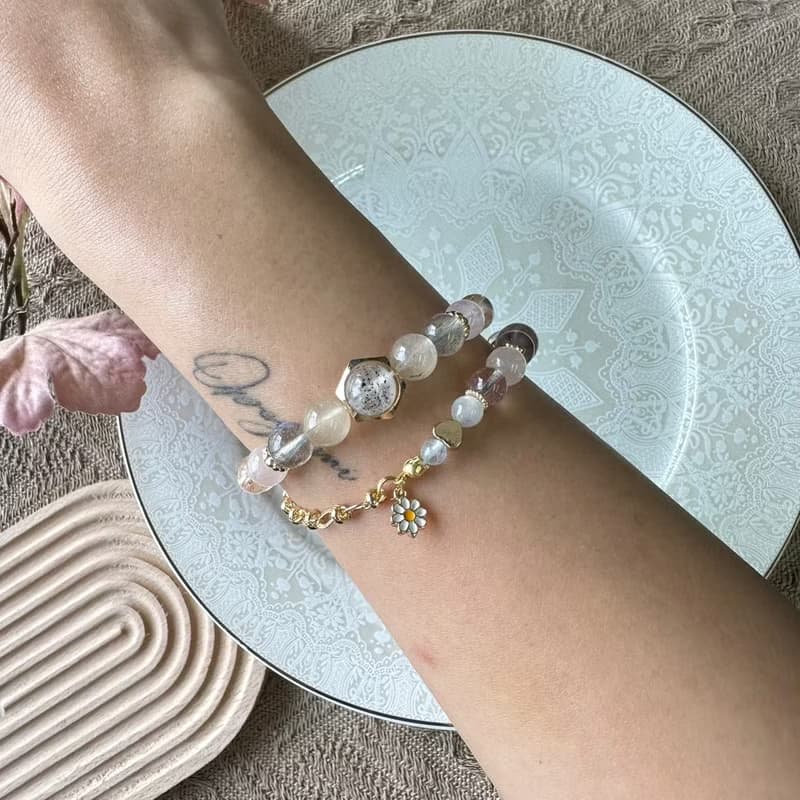 雙層桃花粉粉清新彈性手鍊