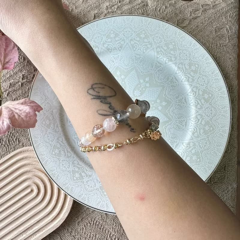 雙層桃花粉粉清新彈性手鍊