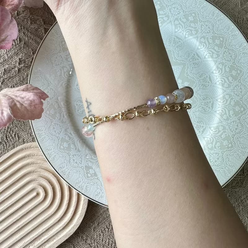 雙層桃花粉粉清新彈性手鍊