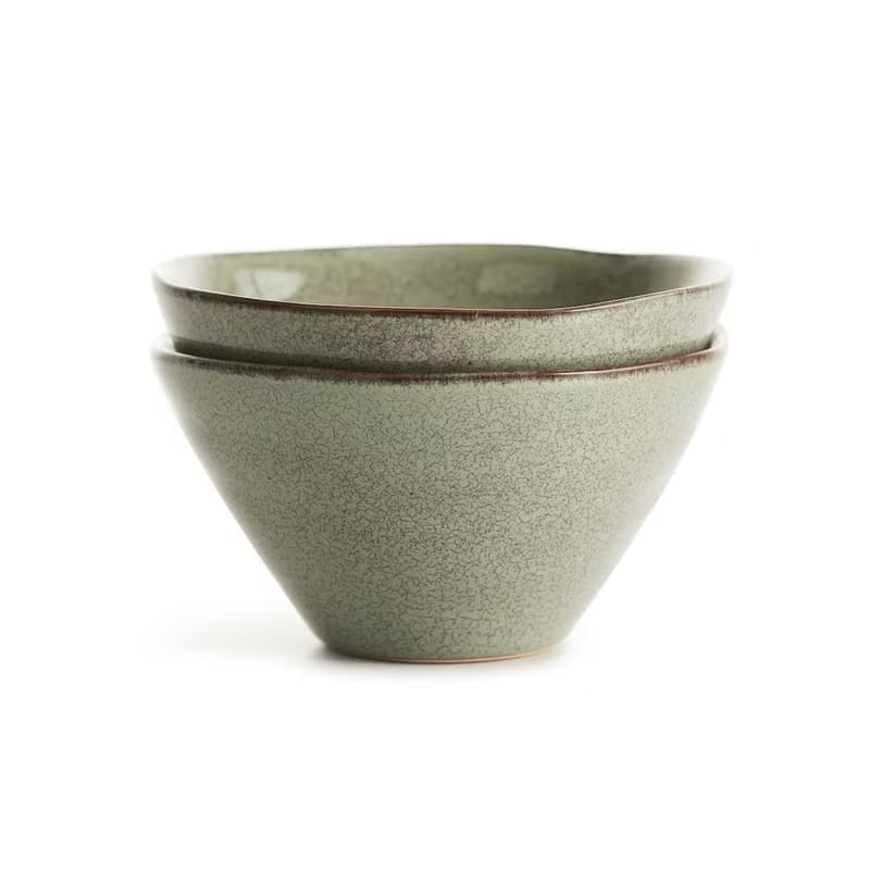 炻釉彩手工製小餐碗2入組 亞麻綠
