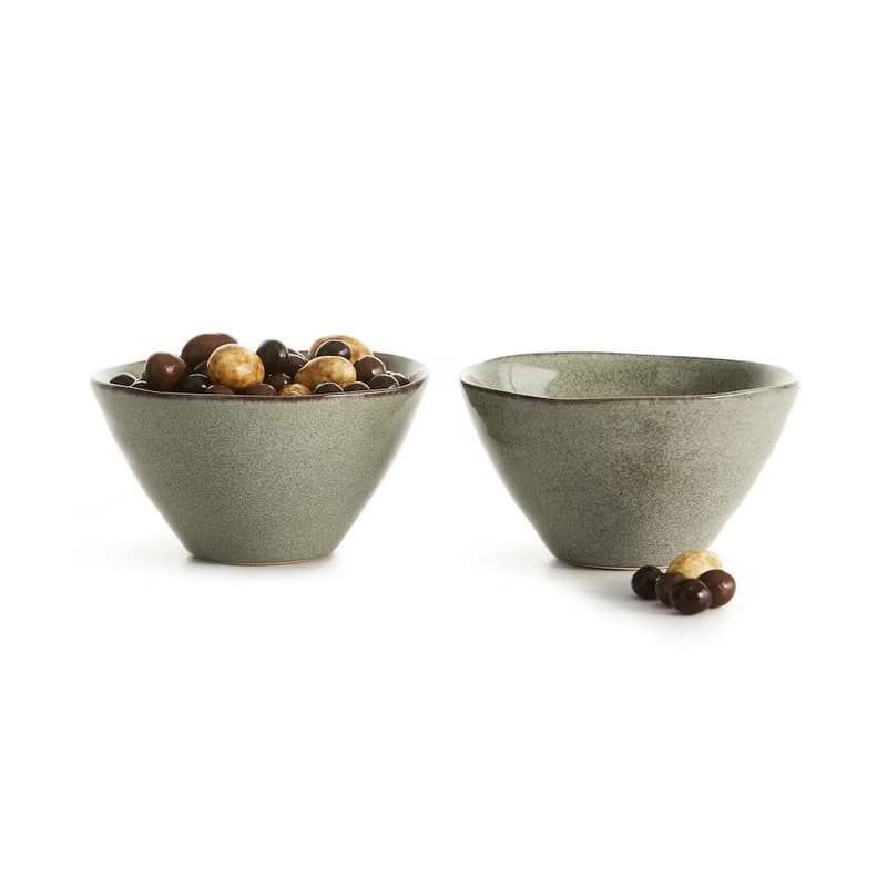 炻釉彩手工製小餐碗2入組 亞麻綠