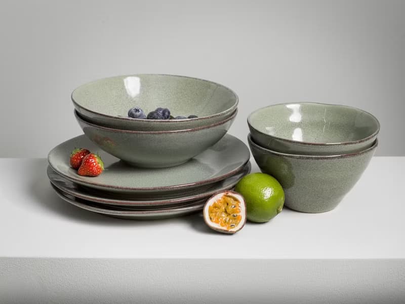 炻釉彩手工製小餐碗2入組 亞麻綠