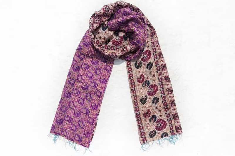 刺繡絲巾/絲綢刺繡圍巾/手縫紗麗線絲巾/印度絲綢刺繡圍巾-印度風
