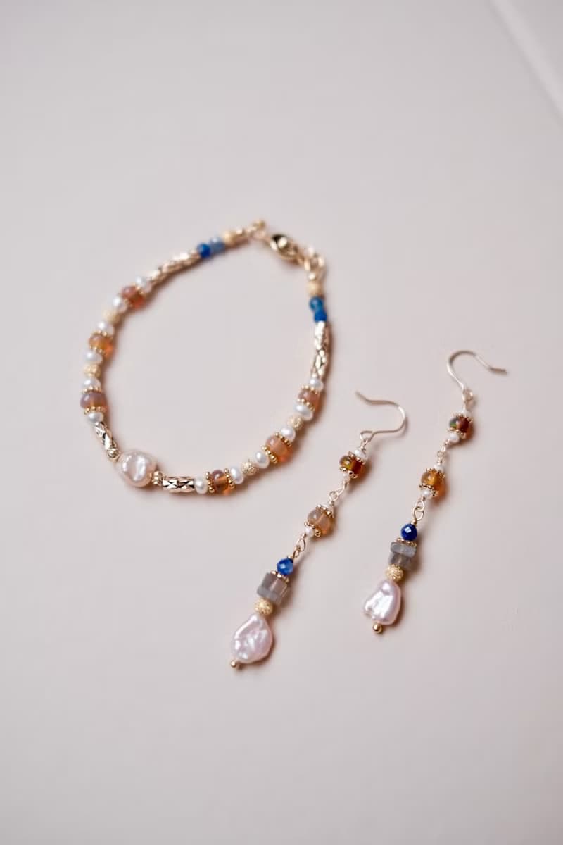 Sunbath in Australia 雪梨的夕陽 耳環 手鍊 粉珍珠 橘歐泊