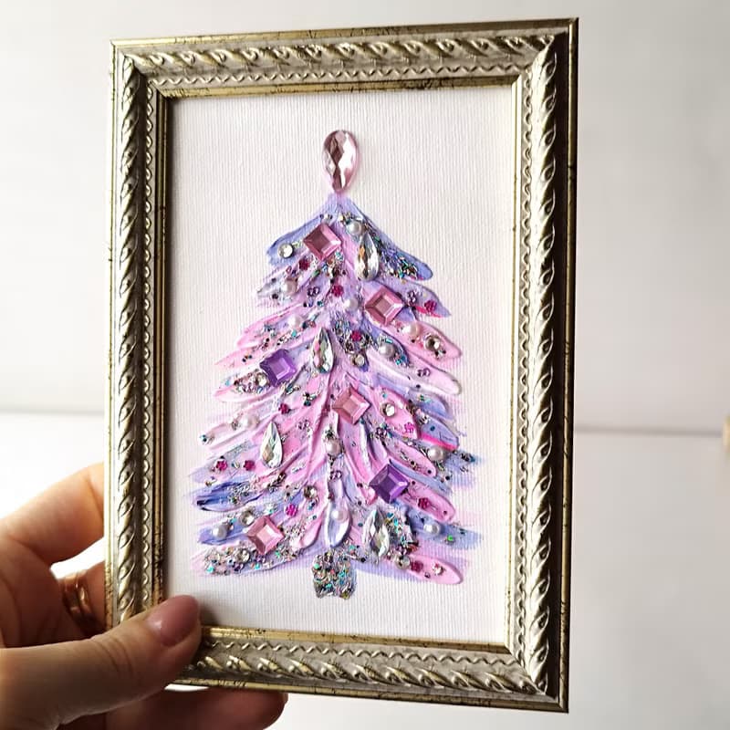 Christmas tree acrylic painting small art wall decor. Textured painting. Gift