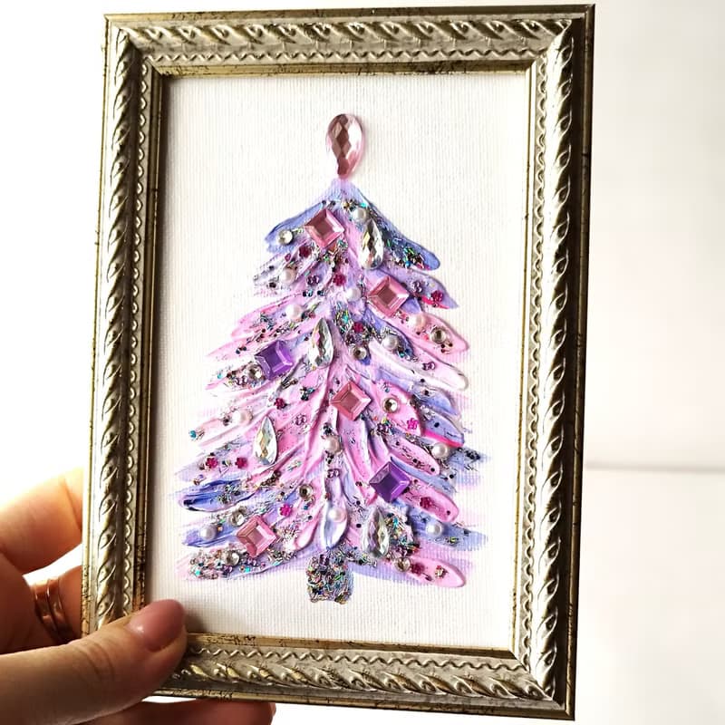 Christmas tree acrylic painting small art wall decor. Textured painting. Gift