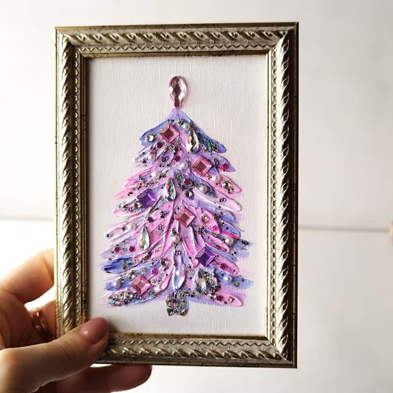 Christmas tree acrylic painting small art wall decor. Textured painting. Gift