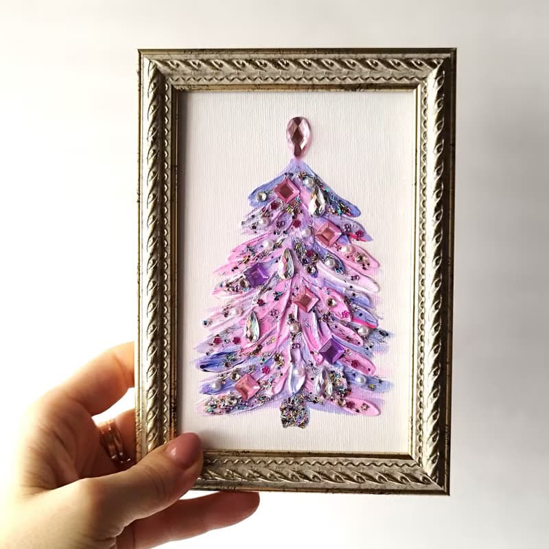 Christmas tree acrylic painting small art wall decor. Textured painting. Gift
