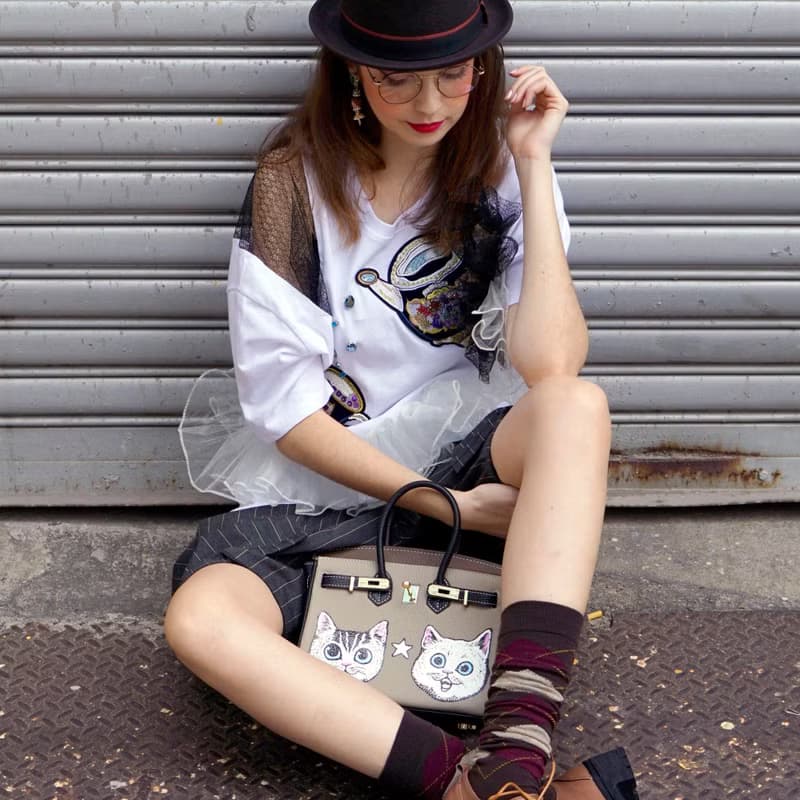 手繪貓咪真皮牛皮撞色手袋 25CM鉑金包型款 附肩帶