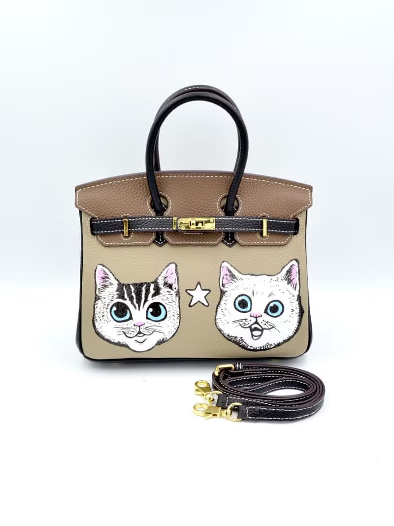 手繪貓咪真皮牛皮撞色手袋 25CM鉑金包型款 附肩帶