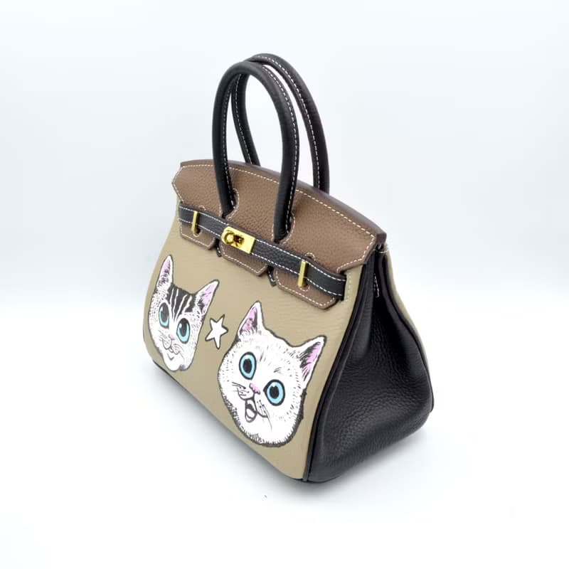 手繪貓咪真皮牛皮撞色手袋 25CM鉑金包型款 附肩帶