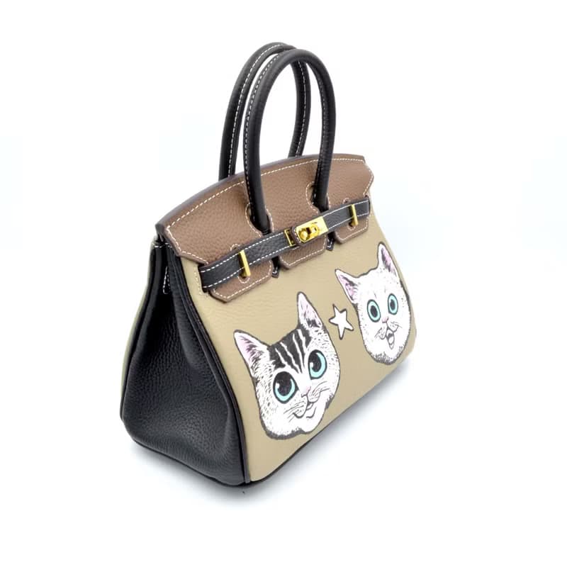手繪貓咪真皮牛皮撞色手袋 25CM鉑金包型款 附肩帶
