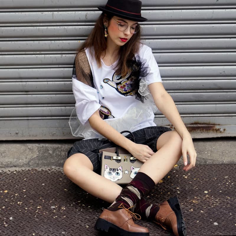 手繪貓咪真皮牛皮撞色手袋 25CM鉑金包型款 附肩帶