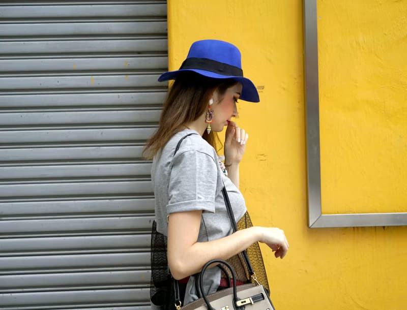 手繪貓咪真皮牛皮撞色手袋 25CM鉑金包型款 附肩帶