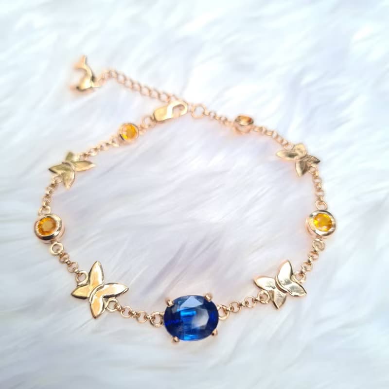 天然藍晶石手鍊配黃色藍寶石925銀鍍玫瑰金手鍊