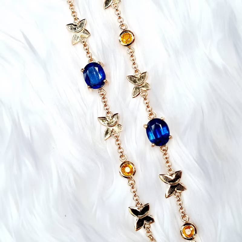 天然藍晶石手鍊配黃色藍寶石925銀鍍玫瑰金手鍊