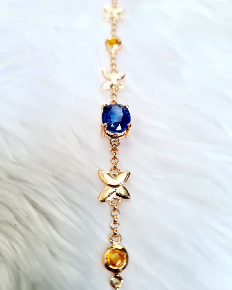 天然藍晶石手鍊配黃色藍寶石925銀鍍玫瑰金手鍊