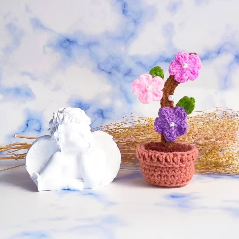 療癒手工毛線微型單朵粉玫瑰/桃花樹盆栽 畢業禮物 交換禮物