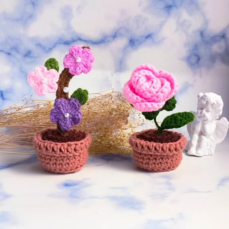 療癒手工毛線微型單朵粉玫瑰/桃花樹盆栽 畢業禮物 交換禮物