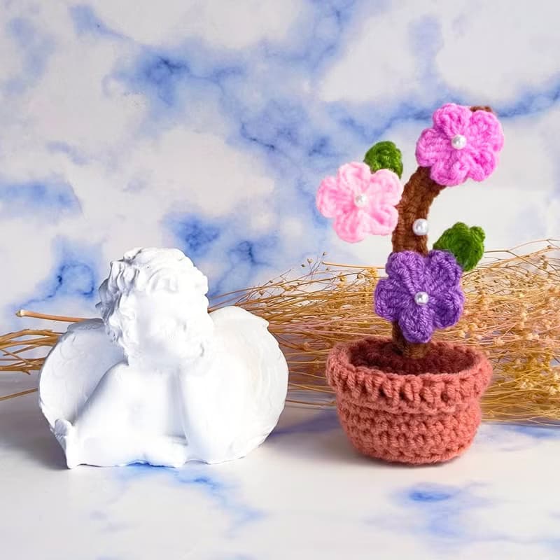 療癒手工毛線微型單朵粉玫瑰/桃花樹盆栽 畢業禮物 交換禮物