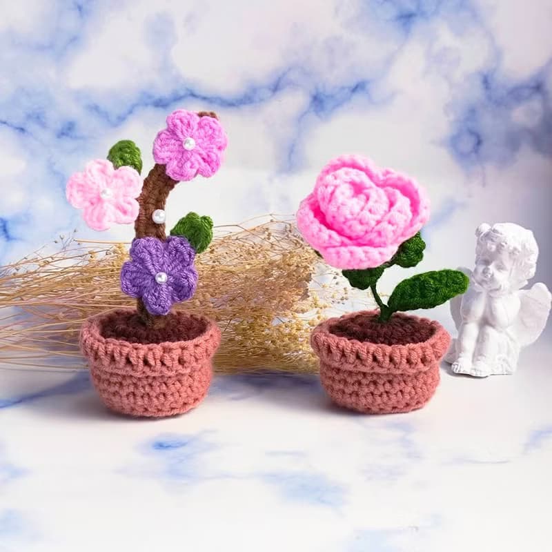 療癒手工毛線微型單朵粉玫瑰/桃花樹盆栽 畢業禮物 交換禮物
