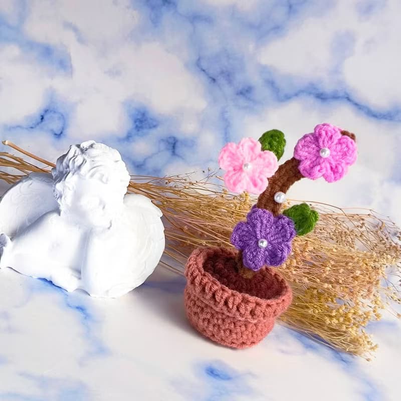 療癒手工毛線微型單朵粉玫瑰/桃花樹盆栽 畢業禮物 交換禮物