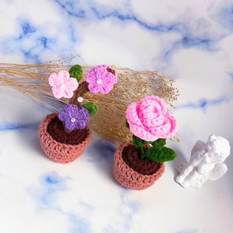 療癒手工毛線微型單朵粉玫瑰/桃花樹盆栽 畢業禮物 交換禮物