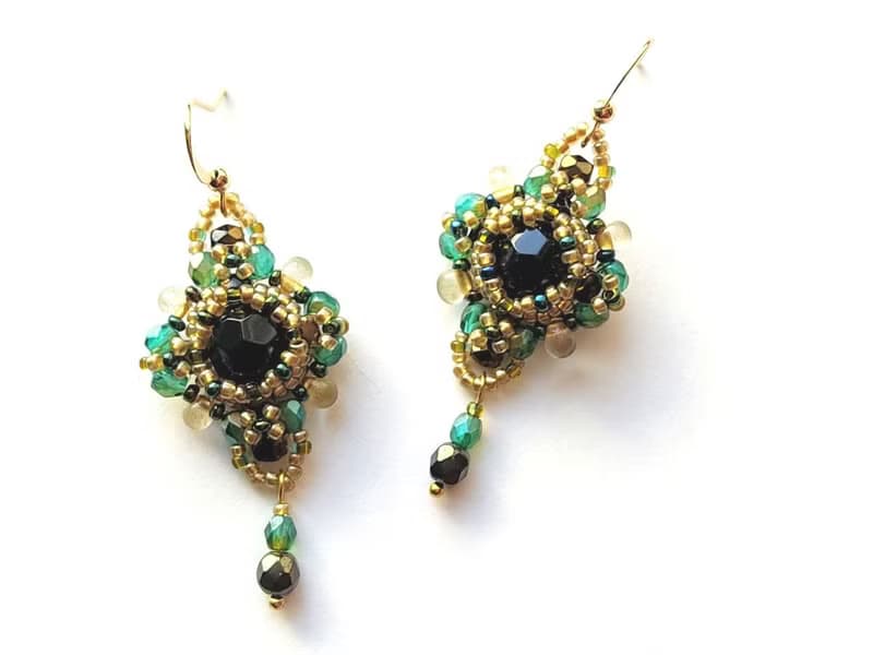 Black agate earrings beaded dangle boho like vintage crystal green beads