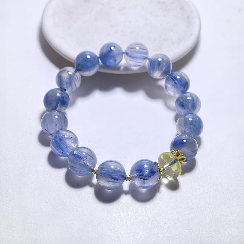 天然礦石 透體藍晶石12mm 黃水晶 925純銀 手鍊