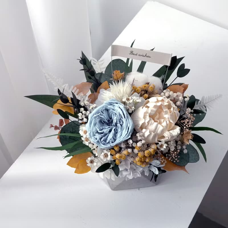 畢業開幕誌慶生日畢業花禮藍綠色系可擴香永生花玫瑰花盆