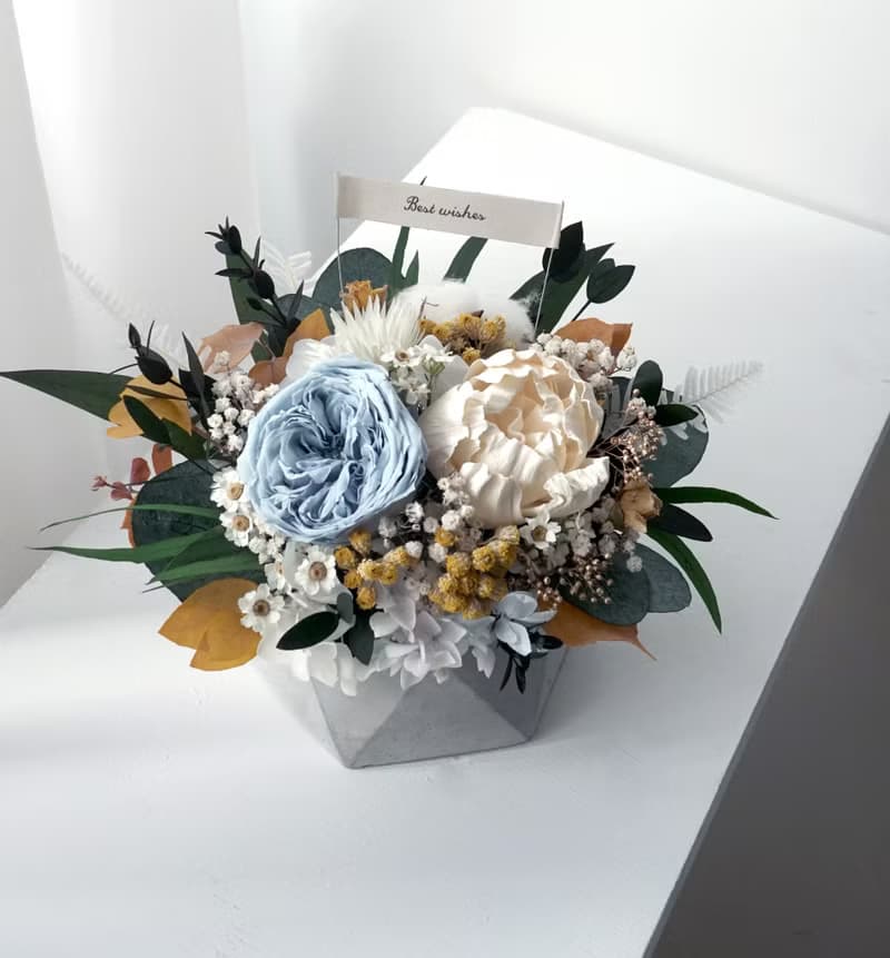 畢業開幕誌慶生日畢業花禮藍綠色系可擴香永生花玫瑰花盆