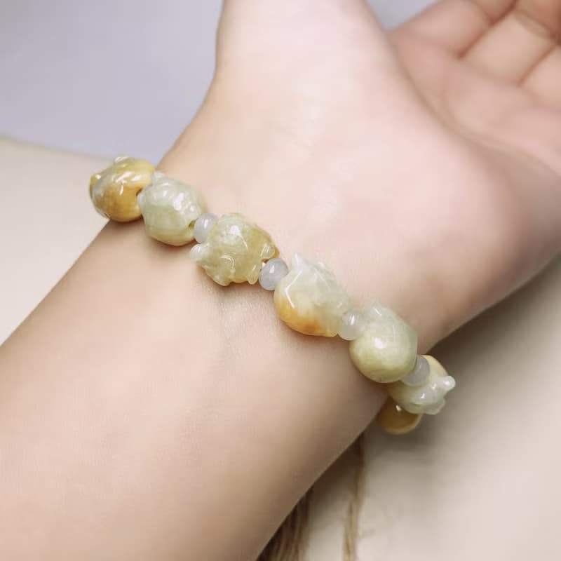 飄黃翡翠小豬手鍊 | 天然緬甸玉A貨翡翠 | 送禮